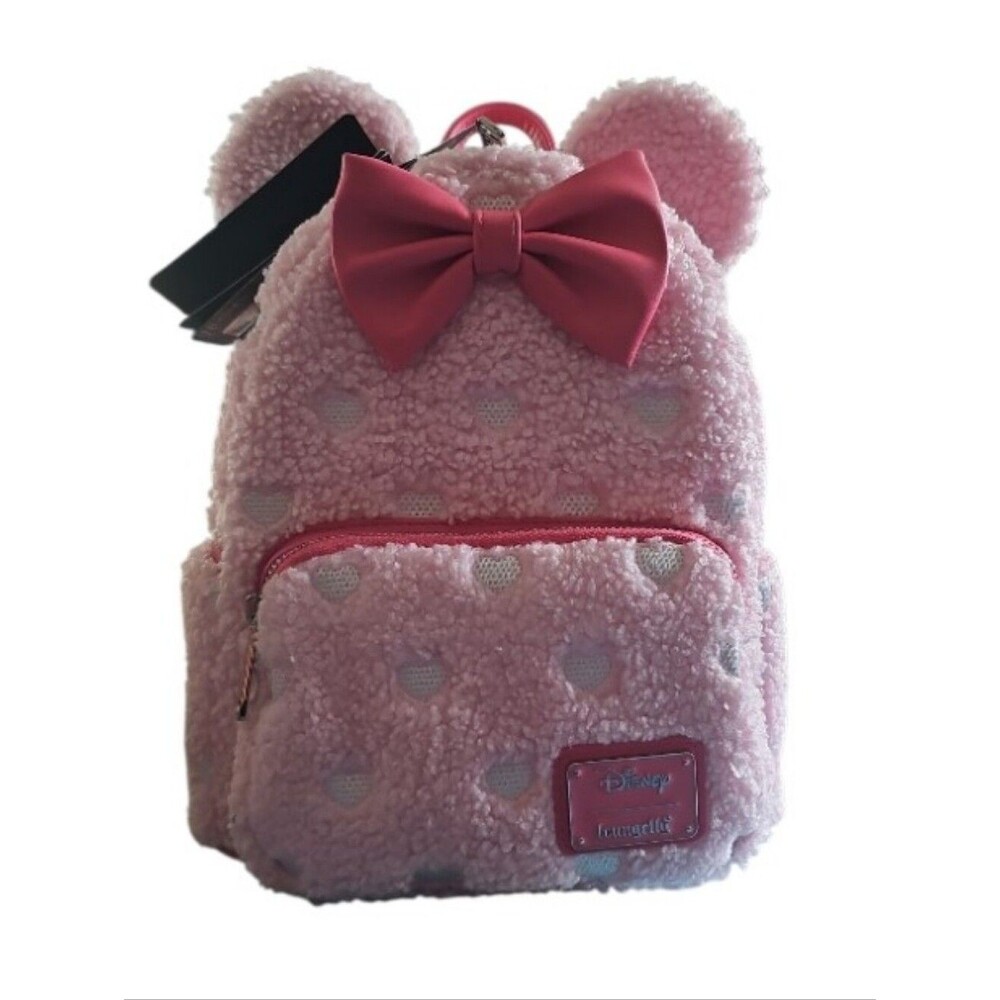 Loungefly Disney Minnie Mouse Sherpa Mini Backpack NWT Pink Hearts Scented Ears